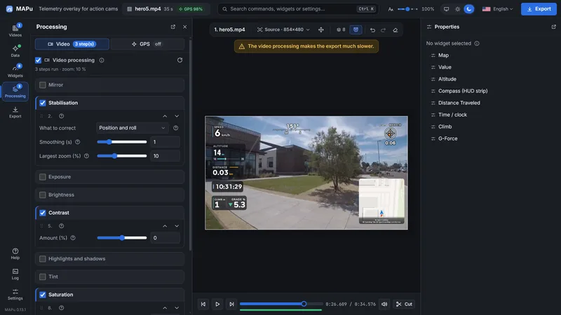 The Video tab of the Processing drawer: stabilisation, contrast and saturation switched on with their sliders; above the picture a notice that processing makes the export slower.