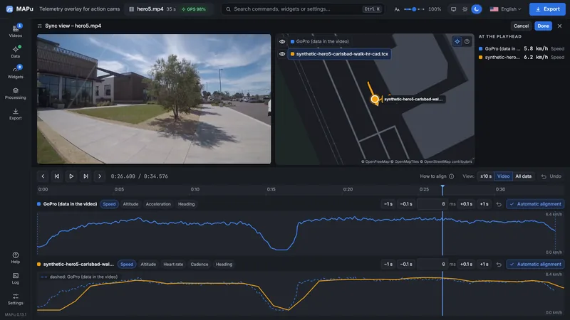 The sync view: the video and a dark map with the position marker at the top, the speed curves of the GoPro and a TCX file one under the other below, each with shift buttons (±1 s, ±0.1 s) and automatic alignment.