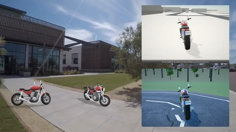 An exported frame with the built-in red motorbike in four 3D widgets: from the side and from the front at an angle on the pavement at the bottom left, from behind on the 3D map top right, from behind on the 3D scene's road bottom right.