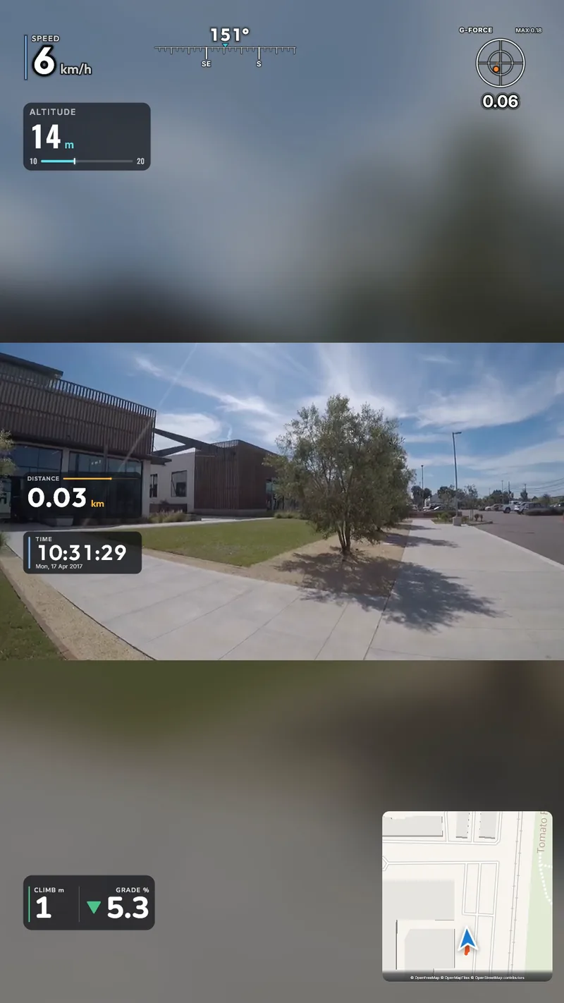 An exported vertical 9:16 frame: the landscape GoPro video whole in the middle (a building, a tree, a pavement), above and below it the same video enlarged and blurred; speed (6 km/h), altitude, a compass tape and G-force at the top, distance and clock on the video, climb and a map at the bottom.