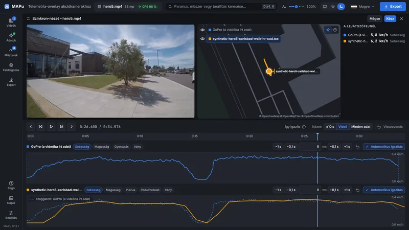 A Szinkron-nézet: fent a videó és egy sötét térkép a pozíció jelölőjével, lent a GoPro és egy TCX-fájl sebesség-görbéje egymás alatt, forrásonként eltolás-gombokkal (±1 s, ±0,1 s) és automatikus igazítással.